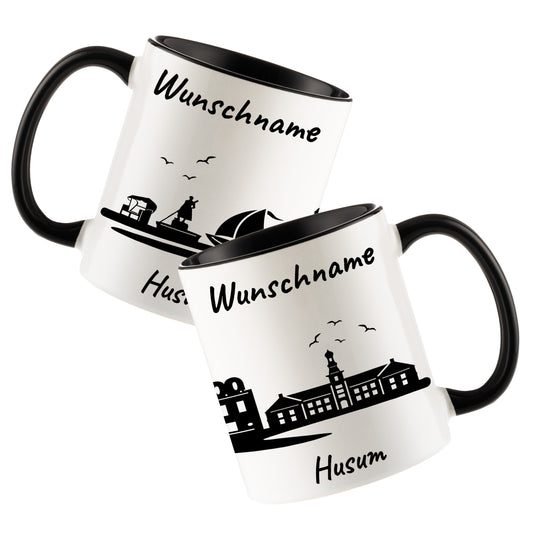 Tasse in Schwarz 330ml bedruckt mit der Skyline von Husum personalisierbar mit Wunschname