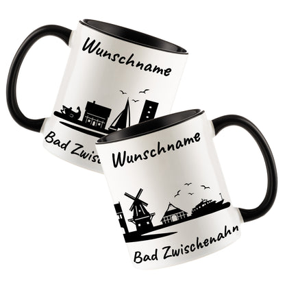 Tasse in Schwarz 330ml bedruckt mit der Skyline von Bad Zwischenahn personalisierbar mit Wunschname