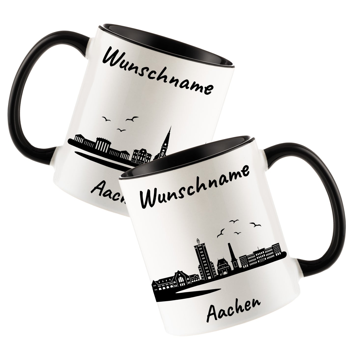 Tasse in Schwarz 330ml bedruckt mit der Skyline von Aachen personalisierbar mit Wunschname