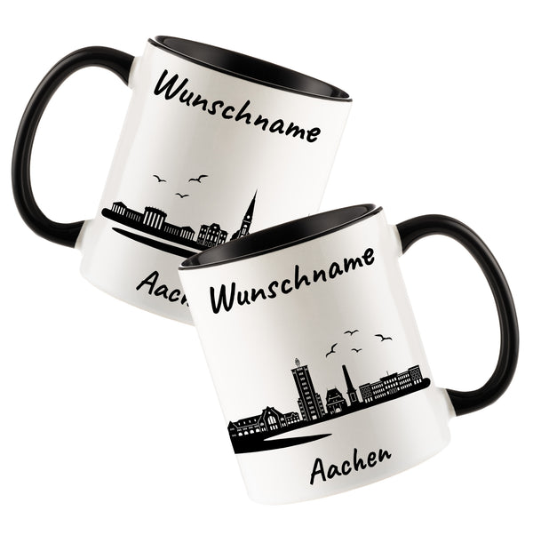 Tasse in Schwarz 330ml bedruckt mit der Skyline von Aachen personalisierbar mit Wunschname