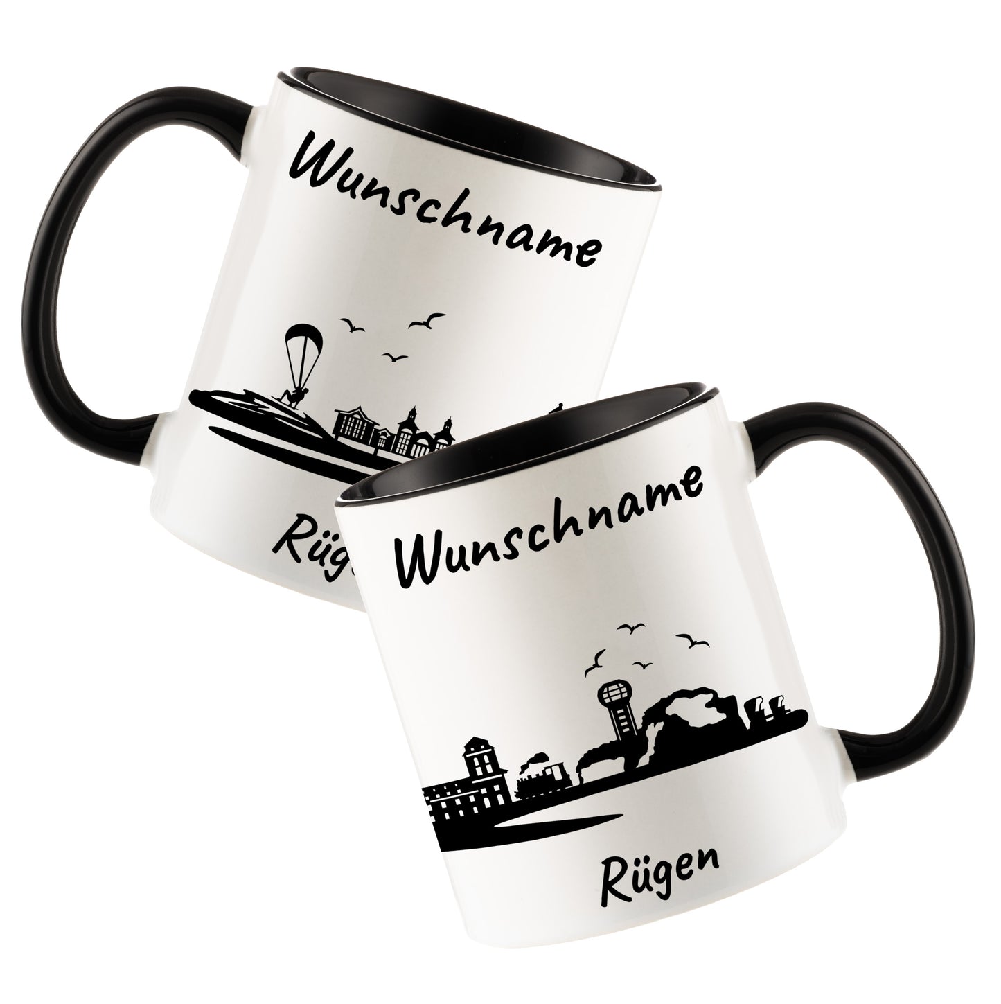 Tasse in Schwarz 330ml bedruckt mit der Skyline von Rügen personalisierbar mit Wunschname