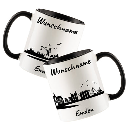 Tasse in Schwarz 330ml bedruckt mit der Skyline von Emden personalisierbar mit Wunschname