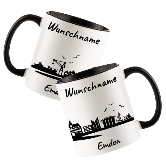 Tasse in Schwarz 330ml bedruckt mit der Skyline von Emden personalisierbar mit Wunschname