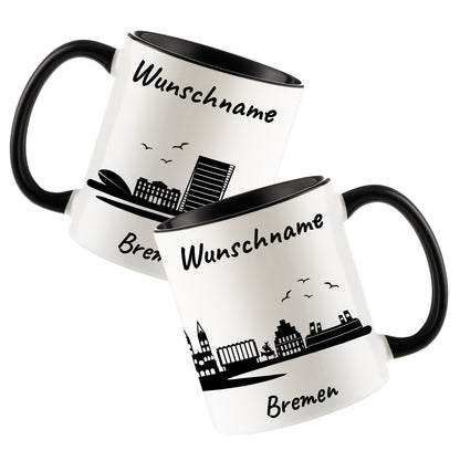Tasse in Schwarz 330ml bedruckt mit der Skyline von Bremen personalisierbar mit Wunschname