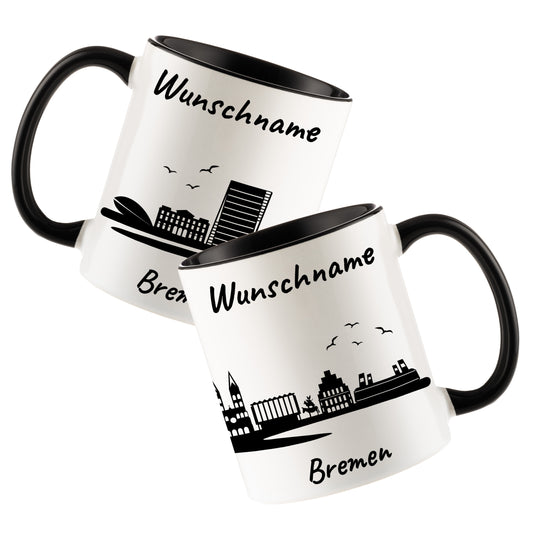 Tasse in Schwarz 330ml bedruckt mit der Skyline von Bremen personalisierbar mit Wunschname