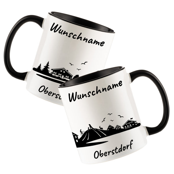 Tasse in Schwarz 330ml bedruckt mit der Skyline von Oberstdorf personalisierbar mit Wunschname