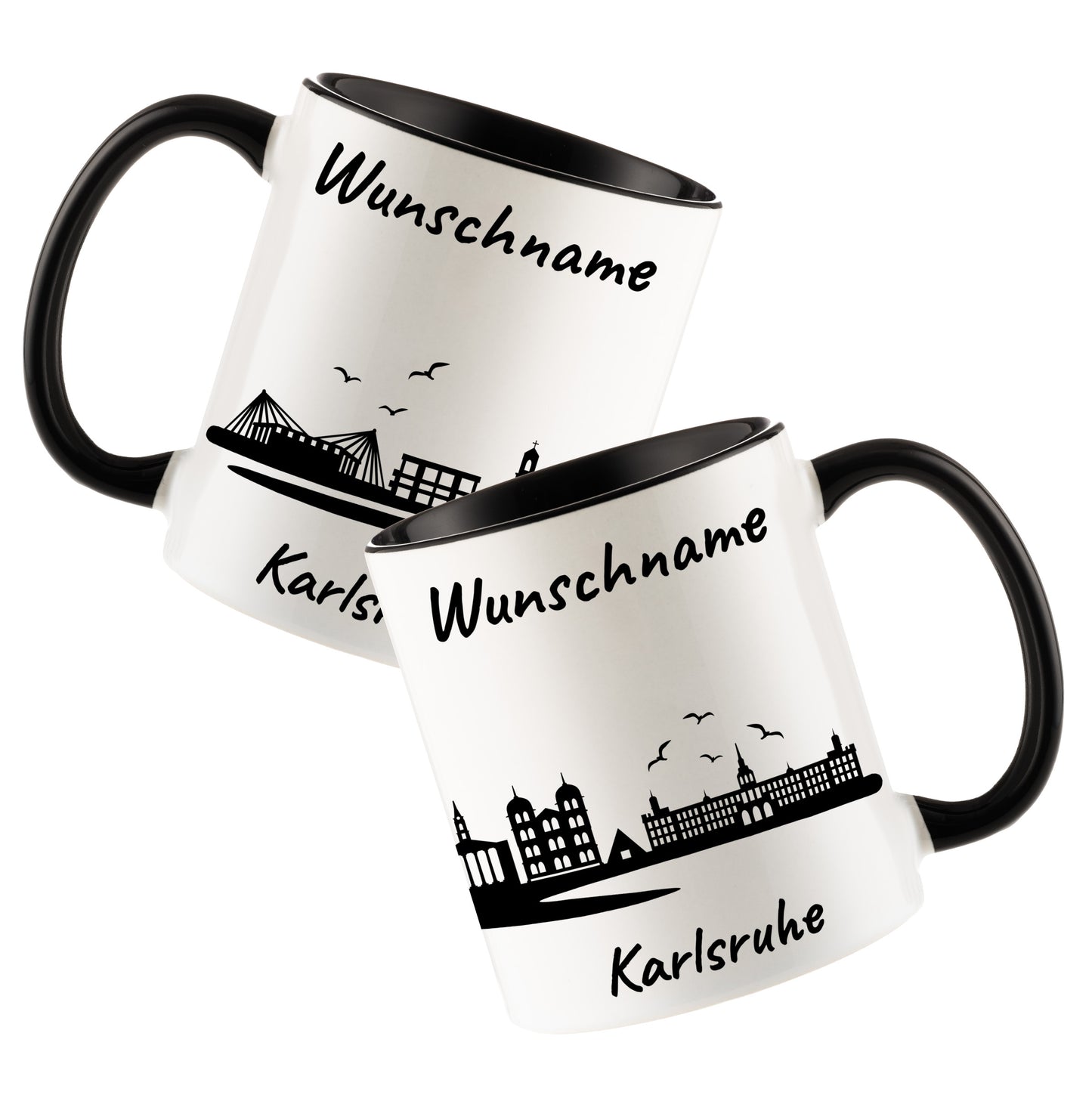 Tasse in Schwarz 330ml bedruckt mit der Skyline von Karlsruhe personalisierbar mit Wunschname