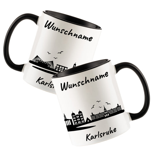 Tasse in Schwarz 330ml bedruckt mit der Skyline von Karlsruhe personalisierbar mit Wunschname