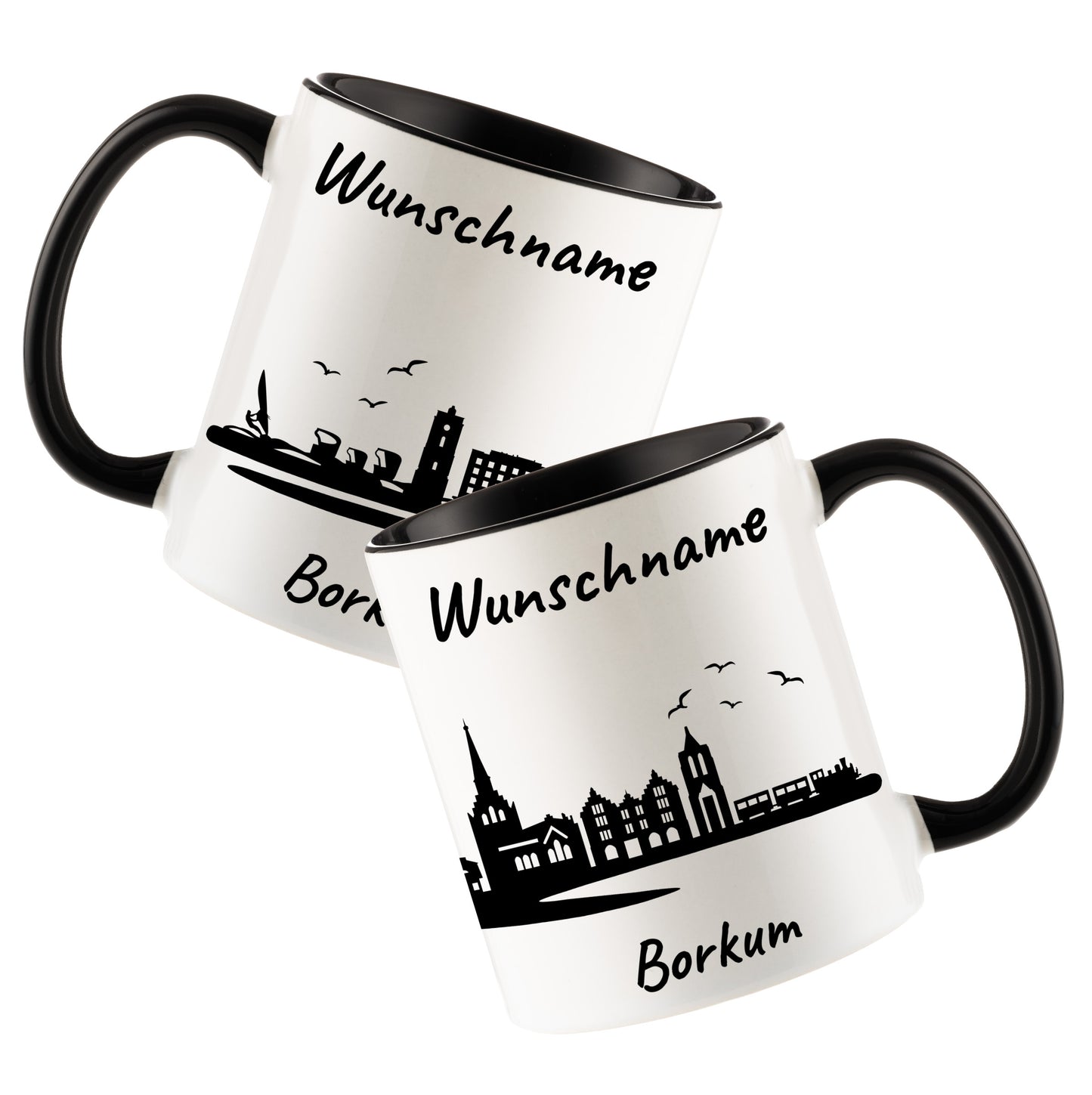 Tasse in Schwarz 330ml bedruckt mit der Skyline von Borkum personalisierbar mit Wunschname