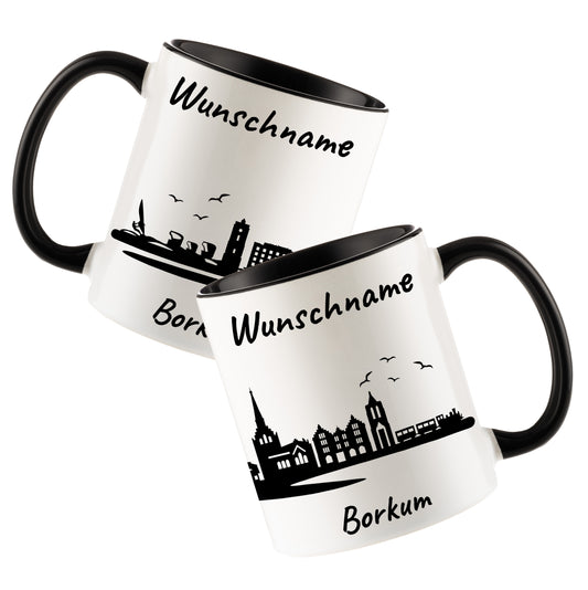 Tasse in Schwarz 330ml bedruckt mit der Skyline von Borkum personalisierbar mit Wunschname