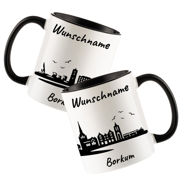 Tasse in Schwarz 330ml bedruckt mit der Skyline von Borkum personalisierbar mit Wunschname