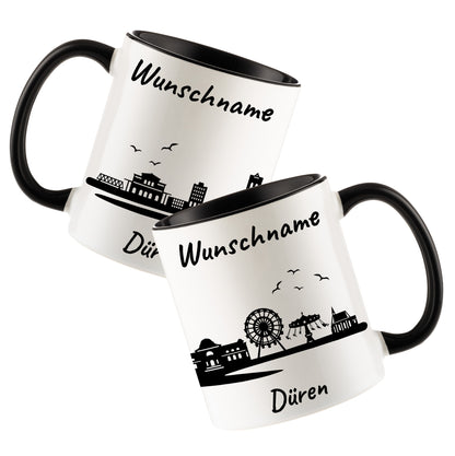 Tasse in Schwarz 330ml bedruckt mit der Skyline von Düren personalisierbar mit Wunschname