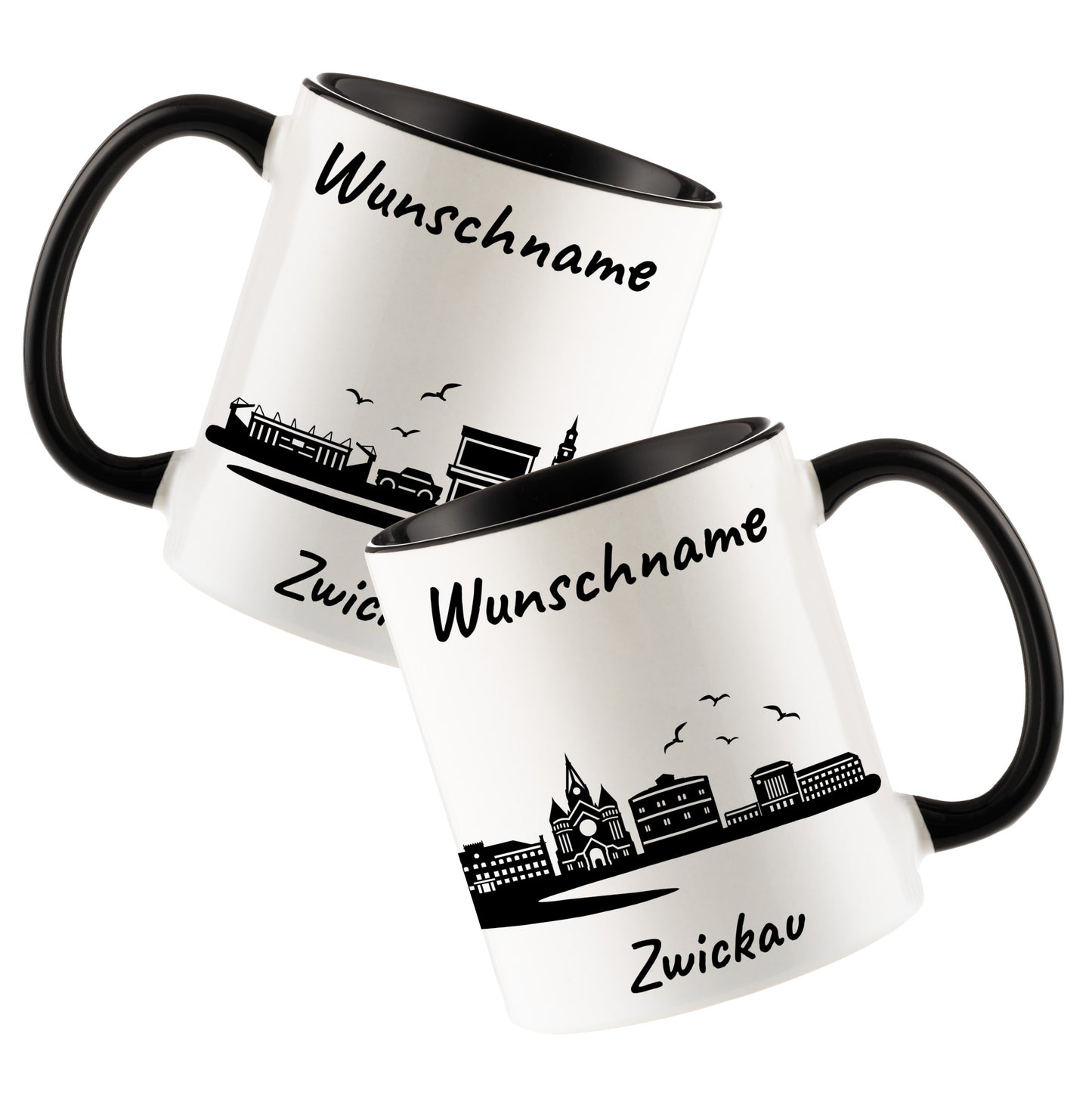 Tasse in Schwarz 330ml bedruckt mit der Skyline von Zwickau personalisierbar mit Wunschname