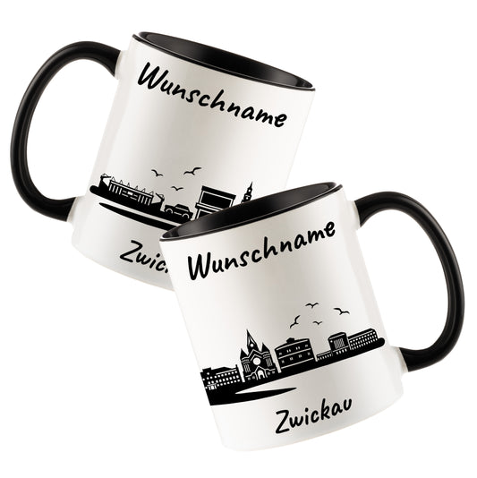 Tasse in Schwarz 330ml bedruckt mit der Skyline von Zwickau personalisierbar mit Wunschname