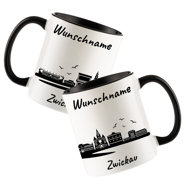Tasse in Schwarz 330ml bedruckt mit der Skyline von Zwickau personalisierbar mit Wunschname