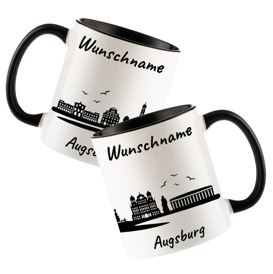 Tasse in Schwarz 330ml bedruckt mit der Skyline von Augsburg personalisierbar mit Wunschname