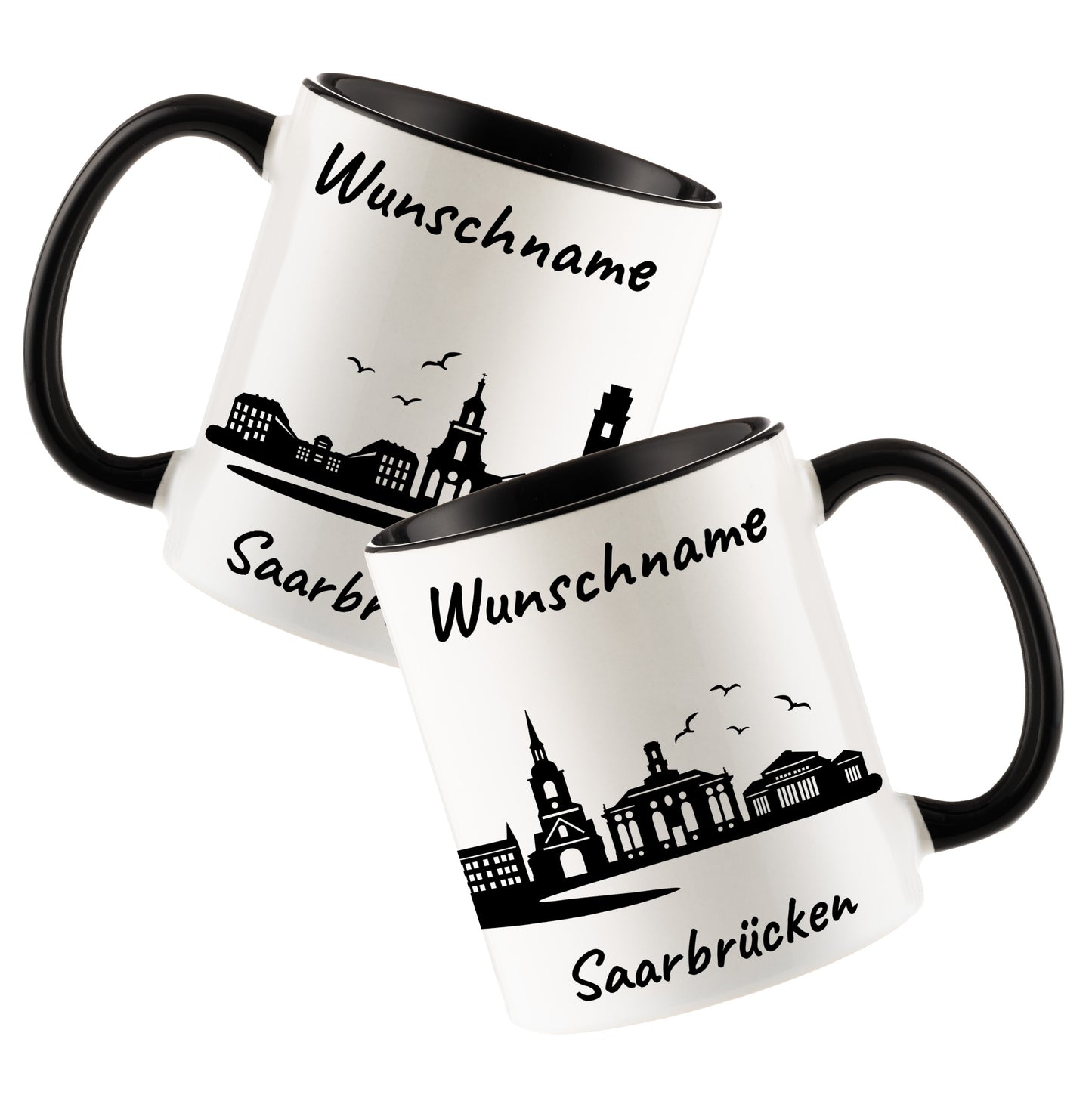 Tasse in Schwarz 330ml bedruckt mit der Skyline von Saarbrücken personalisierbar mit Wunschname