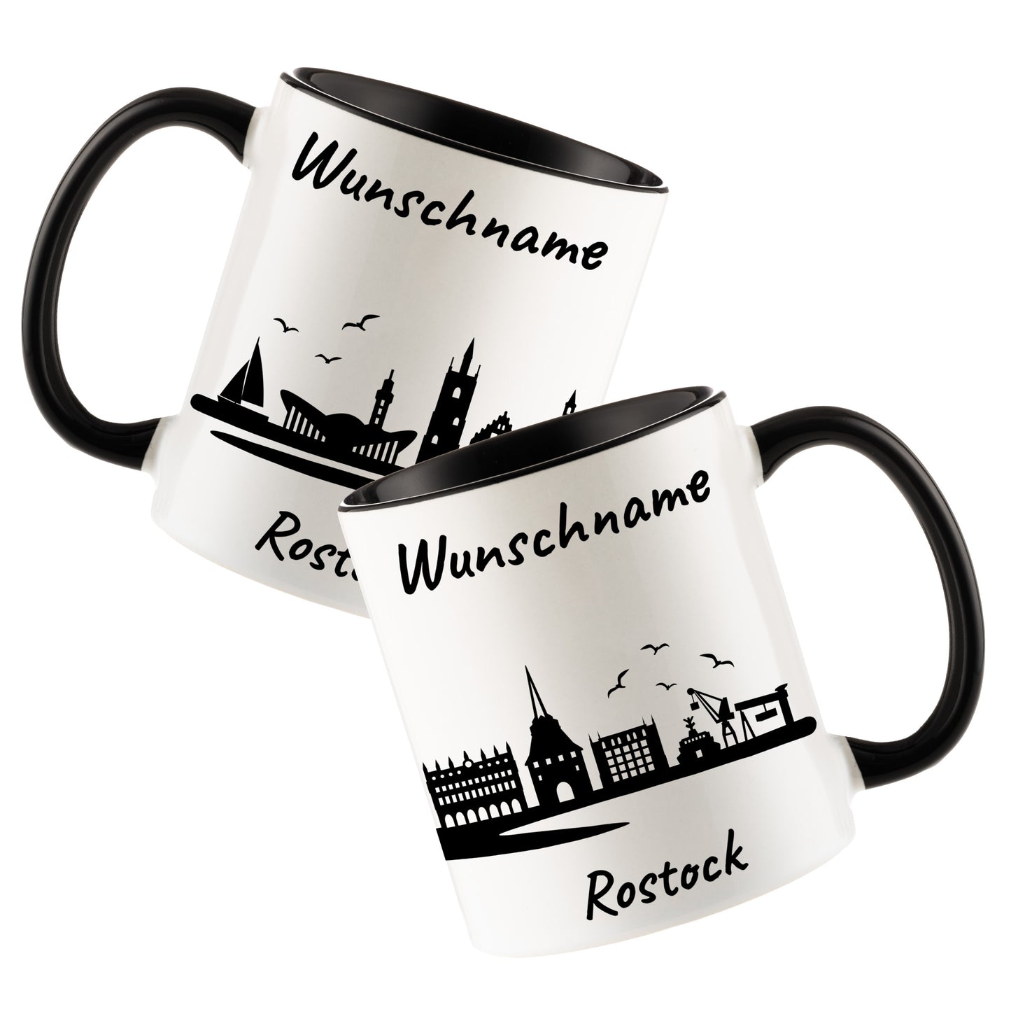 Tasse in Schwarz 330ml bedruckt mit der Skyline von Rostock personalisierbar mit Wunschname