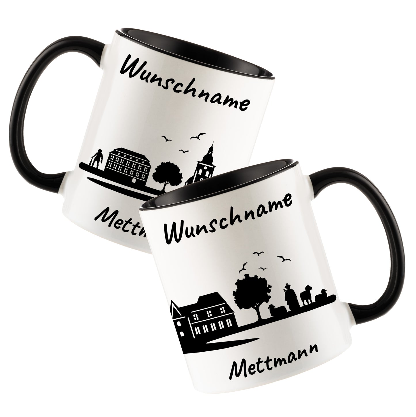 Tasse in Schwarz 330ml bedruckt mit der Skyline von Mettmann personalisierbar mit Wunschname