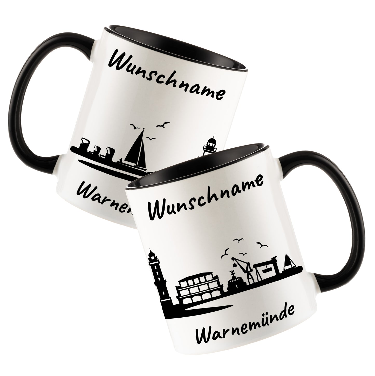 Tasse in Schwarz 330ml bedruckt mit der Skyline von Warnemünde personalisierbar mit Wunschname