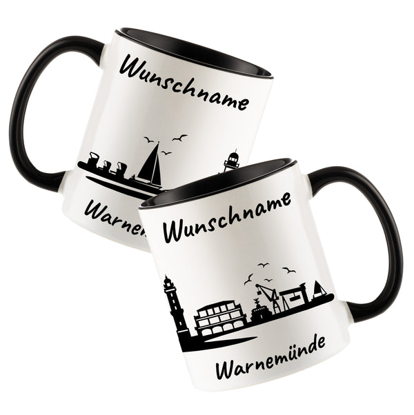 Tasse in Schwarz 330ml bedruckt mit der Skyline von Warnemünde personalisierbar mit Wunschname