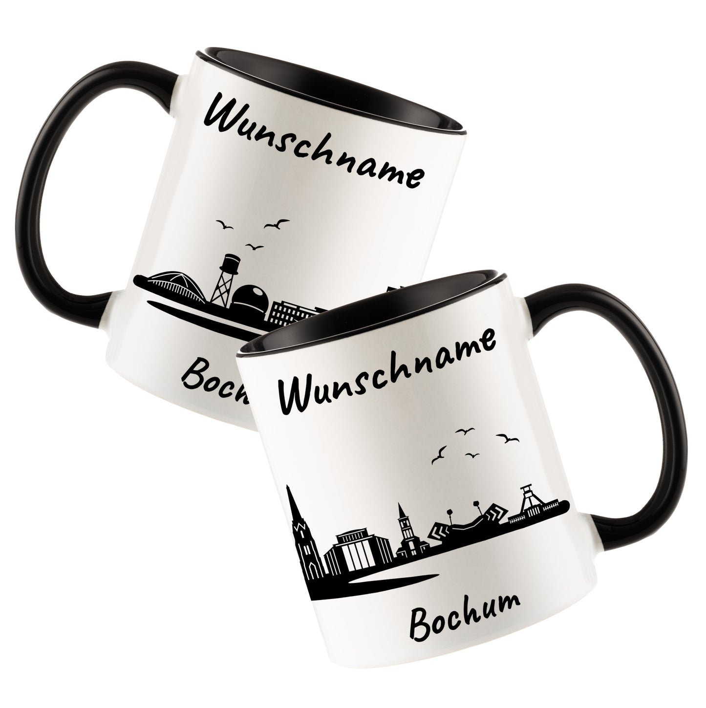 Tasse in Schwarz 330ml bedruckt mit der Skyline von Bochum personalisierbar mit Wunschname