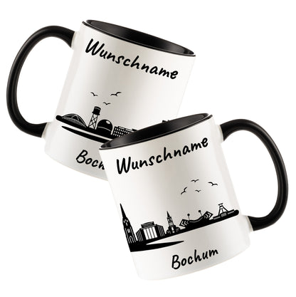 Tasse in Schwarz 330ml bedruckt mit der Skyline von Bochum personalisierbar mit Wunschname