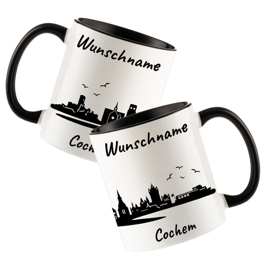 Tasse in Schwarz 330ml bedruckt mit der Skyline von Cochem personalisierbar mit Wunschname