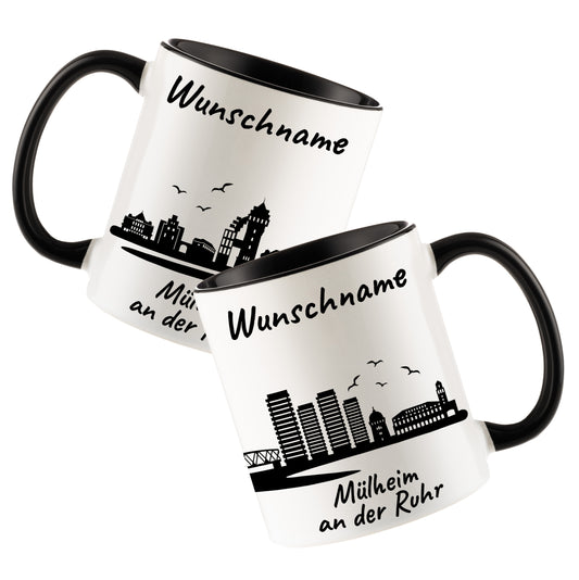Tasse in Schwarz 330ml bedruckt mit der Skyline von Mülheim an der Ruhr personalisierbar mit Wunschname