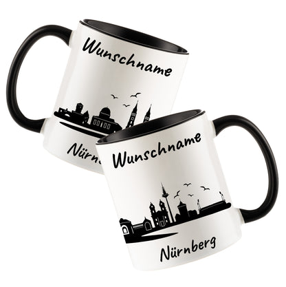 Tasse in Schwarz 330ml bedruckt mit der Skyline von Nürnberg personalisierbar mit Wunschname