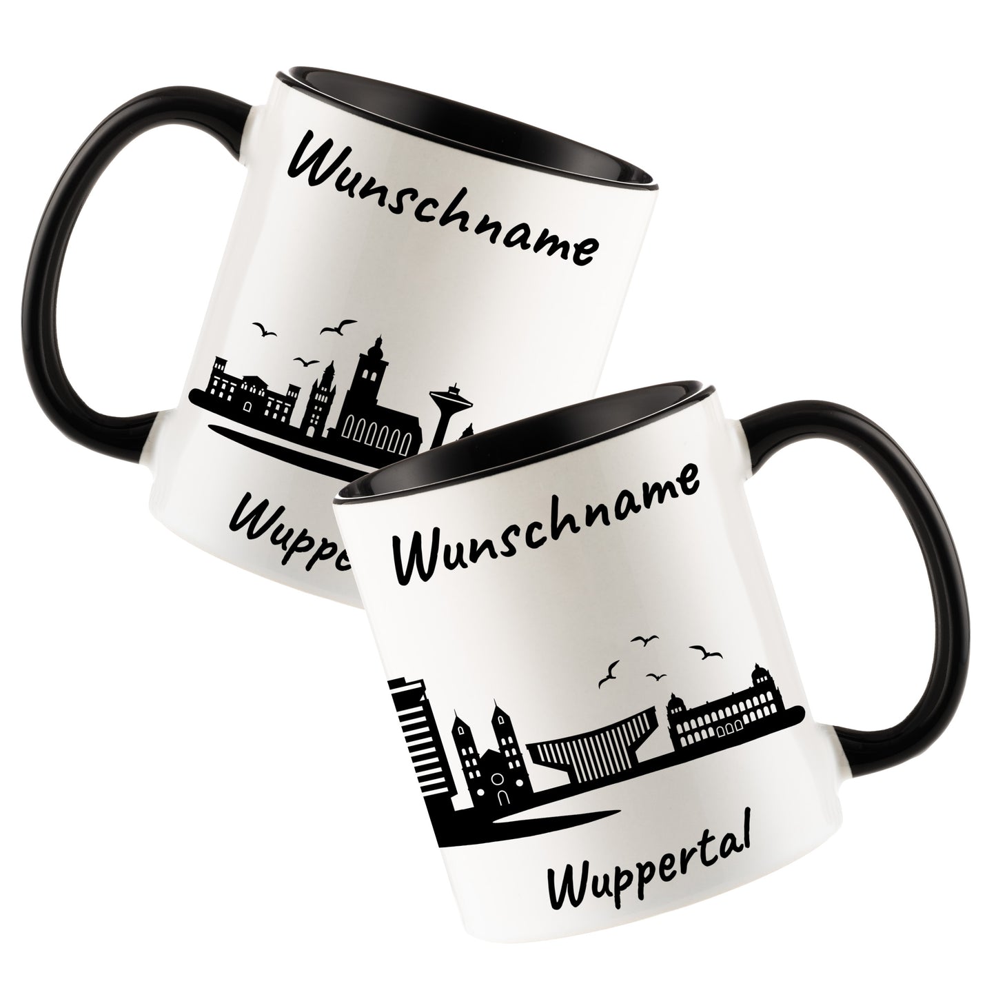 Tasse in Schwarz 330ml bedruckt mit der Skyline von Wuppertal personalisierbar mit Wunschname