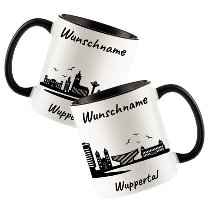 Tasse in Schwarz 330ml bedruckt mit der Skyline von Wuppertal personalisierbar mit Wunschname