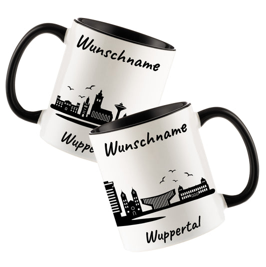 Tasse in Schwarz 330ml bedruckt mit der Skyline von Wuppertal personalisierbar mit Wunschname