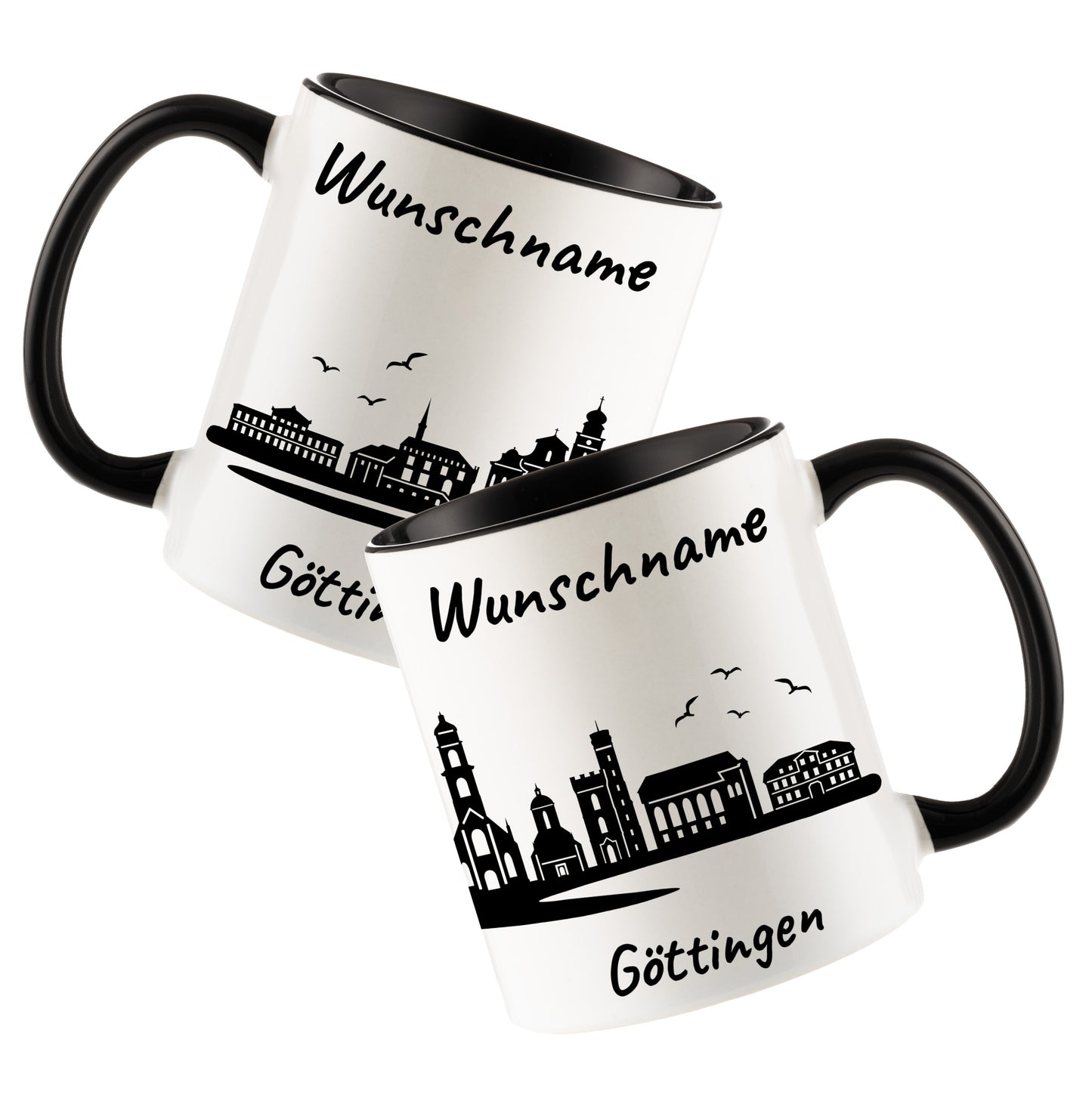 Tasse in Schwarz 330ml bedruckt mit der Skyline von Göttingen personalisierbar mit Wunschname
