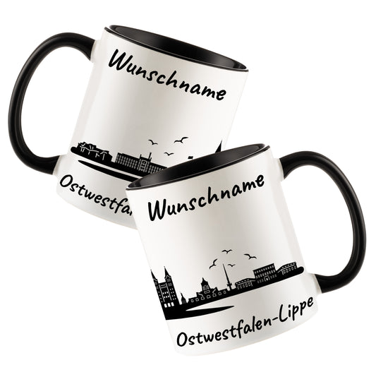 Tasse in Schwarz 330ml bedruckt mit der Skyline von Ostwestfalen-Lippe personalisierbar mit Wunschname