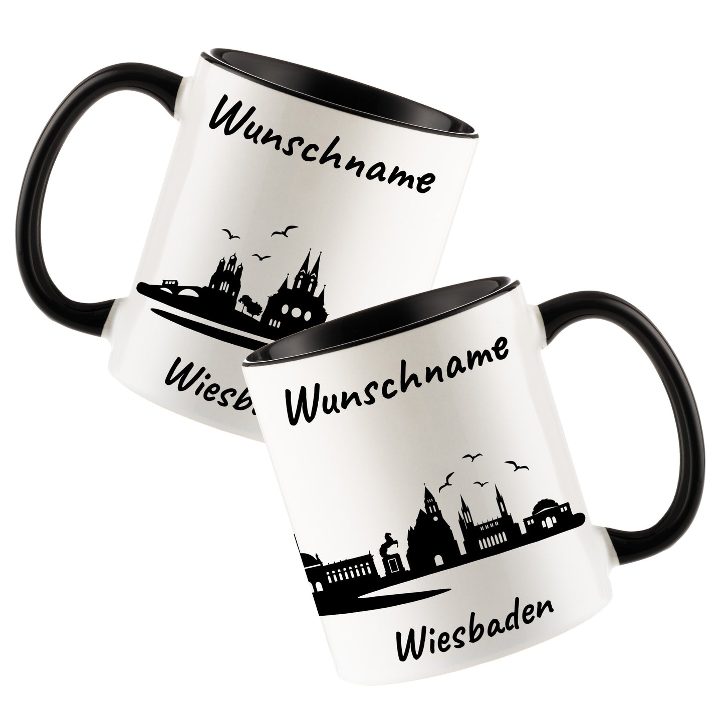 Tasse in Schwarz 330ml bedruckt mit der Skyline von Wiesbaden personalisierbar mit Wunschname