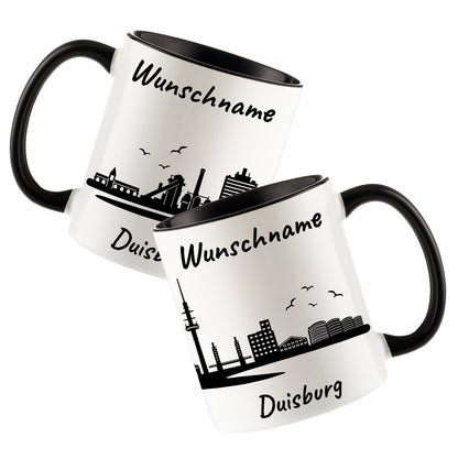 Tasse in Schwarz 330ml bedruckt mit der Skyline von Duisburg personalisierbar mit Wunschname