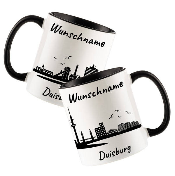 Tasse in Schwarz 330ml bedruckt mit der Skyline von Duisburg personalisierbar mit Wunschname