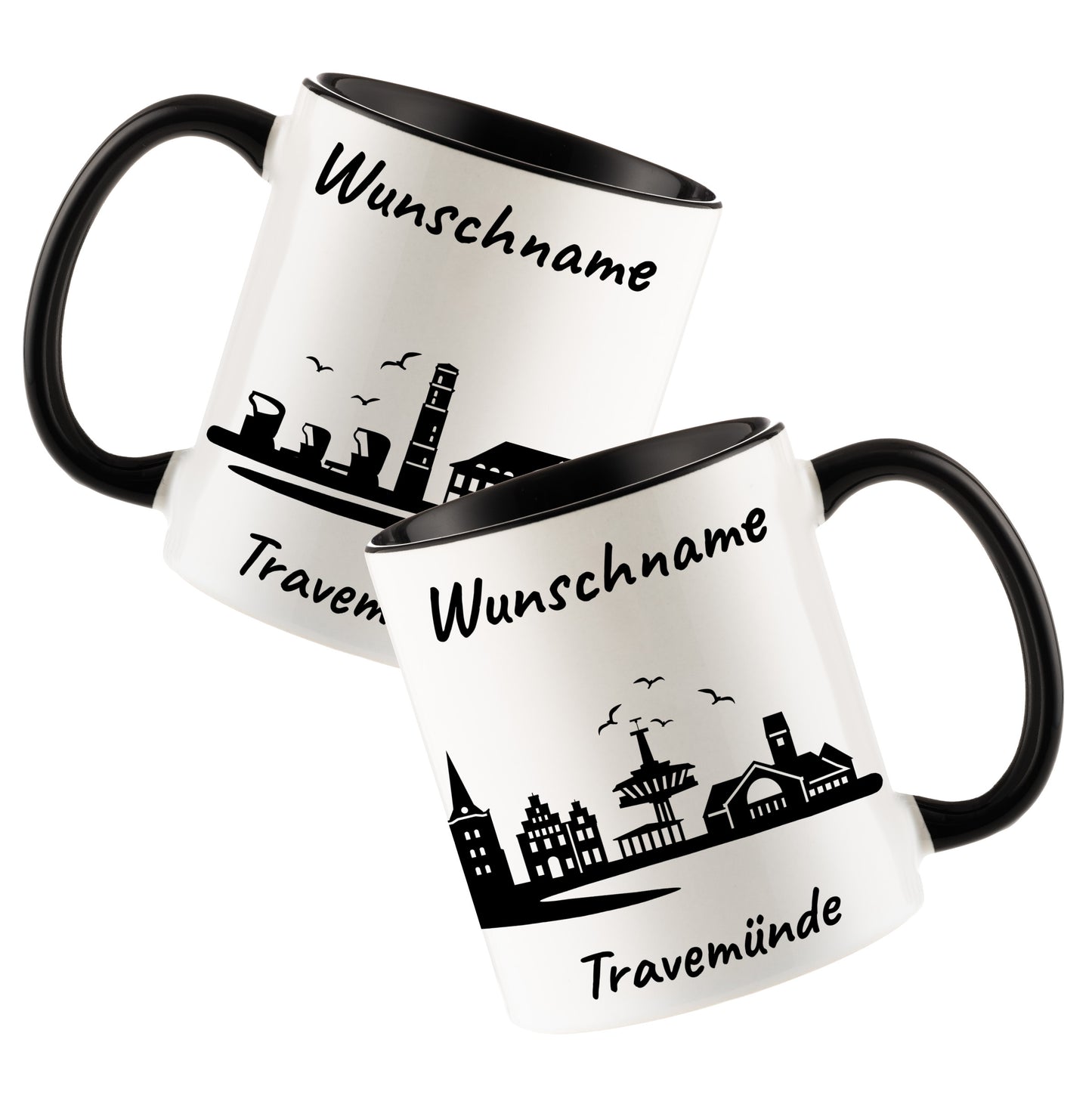 Tasse in Schwarz 330ml bedruckt mit der Skyline von Travemünde personalisierbar mit Wunschname
