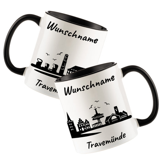 Tasse in Schwarz 330ml bedruckt mit der Skyline von Travemünde personalisierbar mit Wunschname