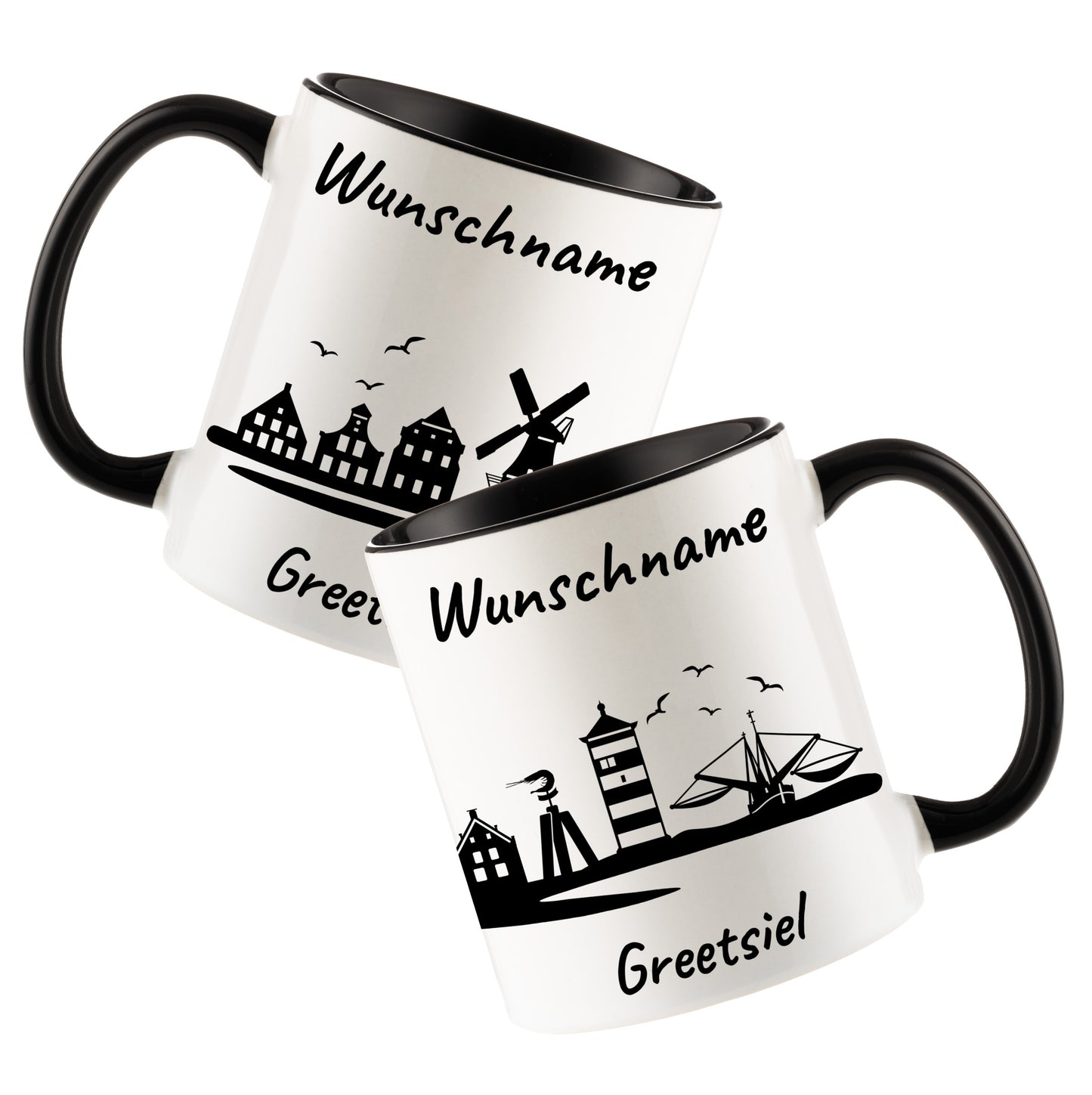 Tasse in Schwarz 330ml bedruckt mit der Skyline von Greetsiel personalisierbar mit Wunschname