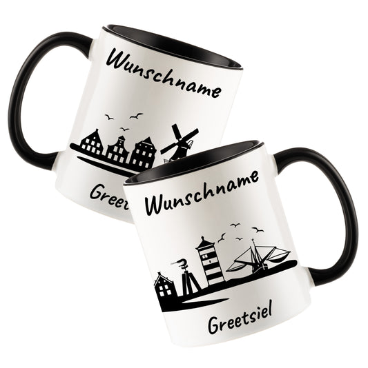 Tasse in Schwarz 330ml bedruckt mit der Skyline von Greetsiel personalisierbar mit Wunschname