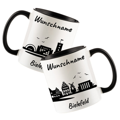 Tasse in Schwarz 330ml bedruckt mit der Skyline von Bielefeld personalisierbar mit Wunschname
