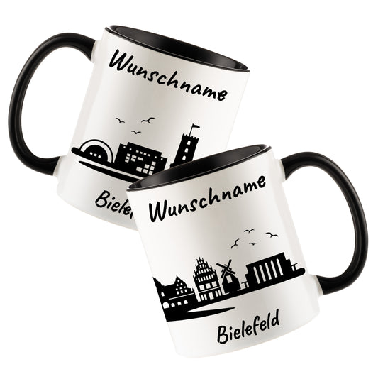 Tasse in Schwarz 330ml bedruckt mit der Skyline von Bielefeld personalisierbar mit Wunschname