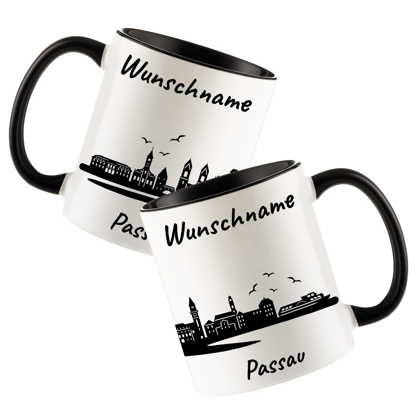 Tasse in Schwarz 330ml bedruckt mit der Skyline von Passau personalisierbar mit Wunschname