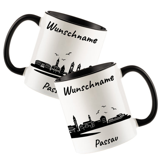 Tasse in Schwarz 330ml bedruckt mit der Skyline von Passau personalisierbar mit Wunschname