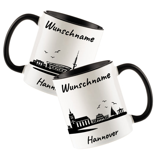 Tasse in Schwarz 330ml bedruckt mit der Skyline von Hannover personalisierbar mit Wunschname