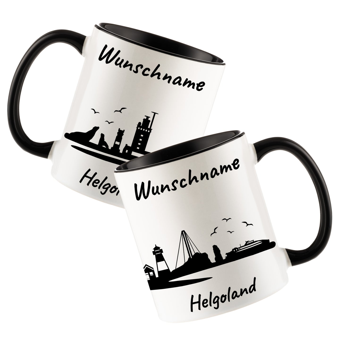Tasse in Schwarz 330ml bedruckt mit der Skyline von Helgoland personalisierbar mit Wunschname