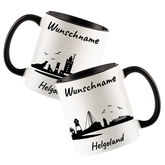 Tasse in Schwarz 330ml bedruckt mit der Skyline von Helgoland personalisierbar mit Wunschname