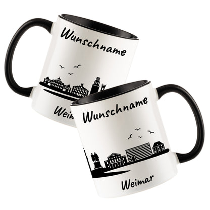 Tasse in Schwarz 330ml bedruckt mit der Skyline von Weimar personalisierbar mit Wunschname